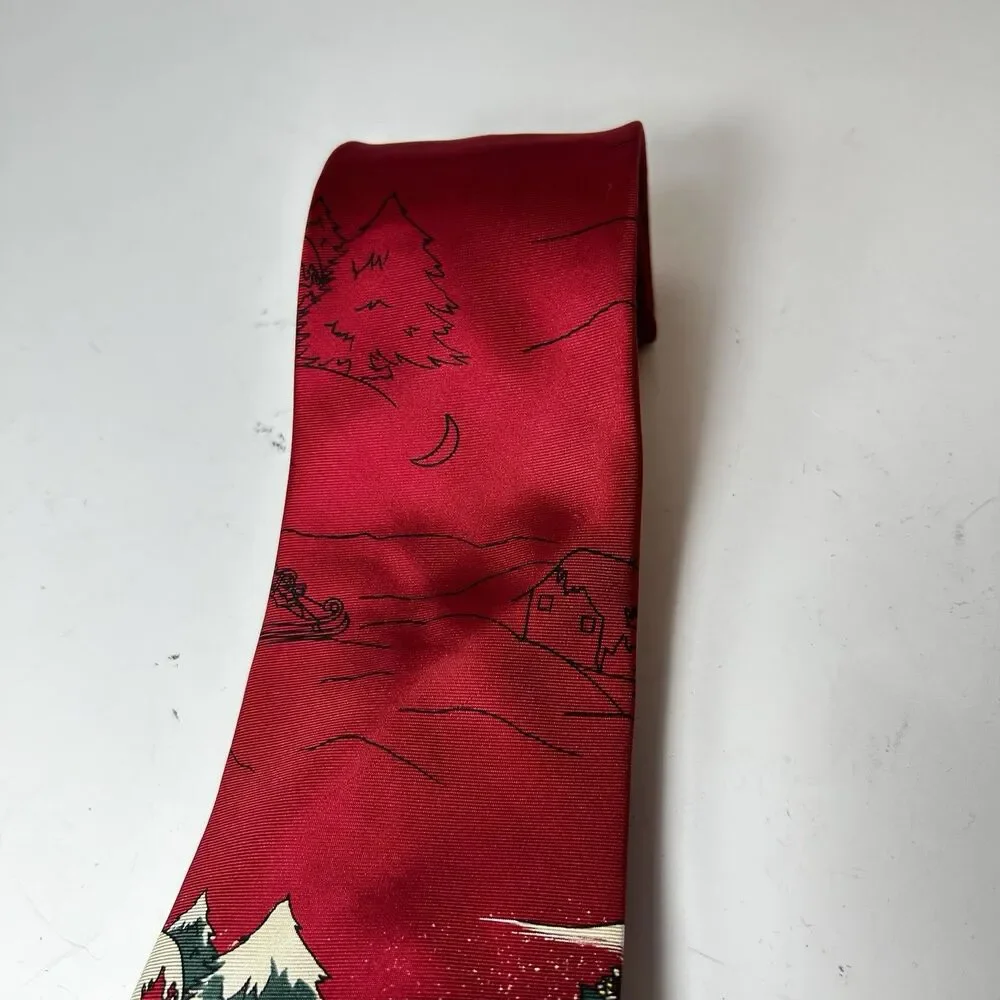 Vintage Wembley Men’s 100% Silk Red White Christmas Eve Scene Tie